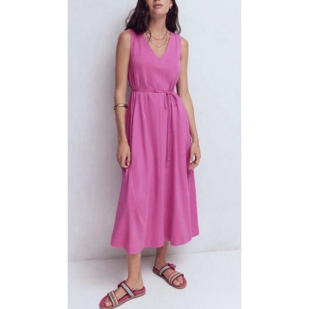 NWT Boden Firecracker Pink Mia V-Neck Jersey Midi‎ Dress 6P Pockets Bright Boho